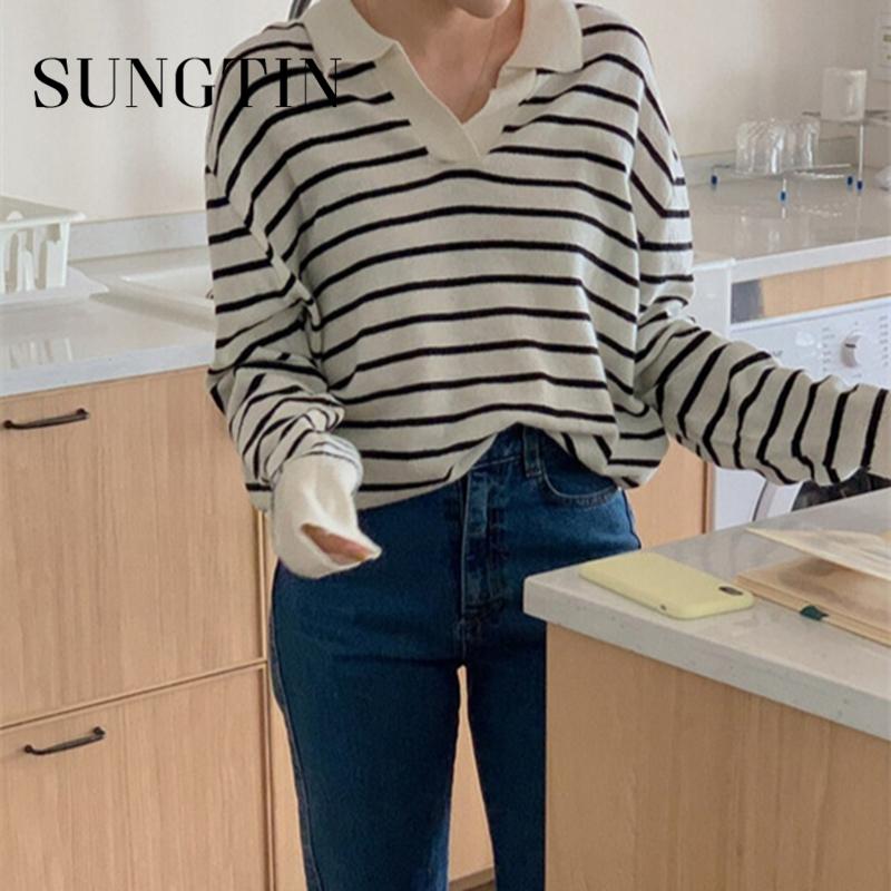 

Sungtin Casual Striped Pullovers Women Vintage V Neck Korean Knitted Sweater Elegant Loose Soft Jumper Chic Sweet Spring Autumn, White