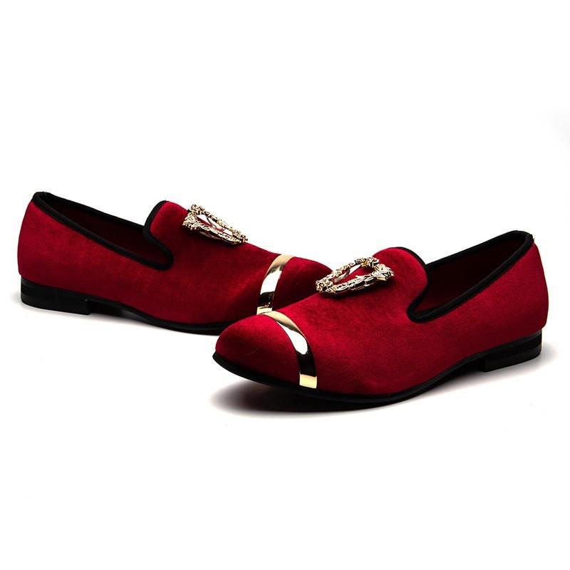 

Pointed Toe Casual Leather Shoes Men Fashion Metal Decoration Slip-On Loafers Red Male Wedding Business Formal Shoes Plus Size, Black