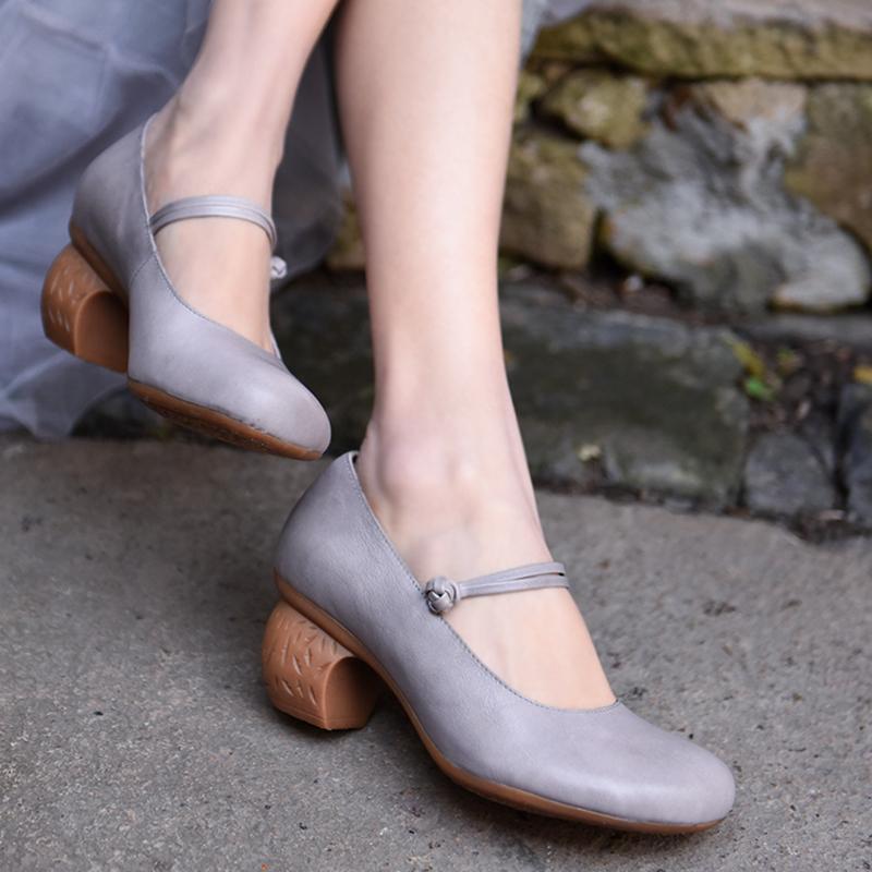 

Artmu Original New Retro Medium Heels Women Shoes Shallow Mouth Button Genuine Leather Handmade Shoes Round Toe 1821-30, Gray