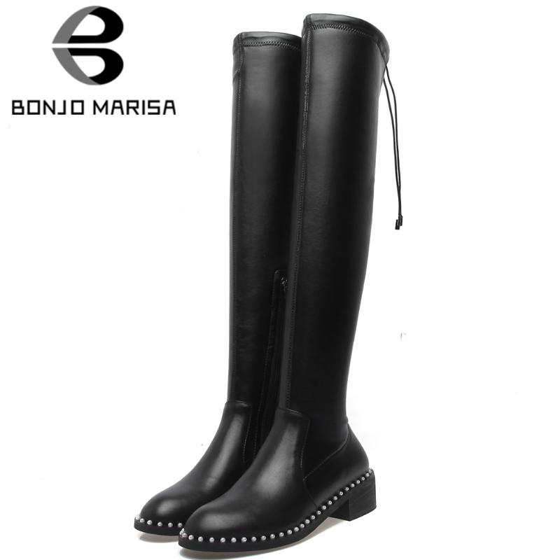 

BONJOMARISA Genuine Leather Ladies Round Toe Rivet Over The Knee Boots Med Heel Knee High Boots Women Stylish Shoes Woman, Black short plush