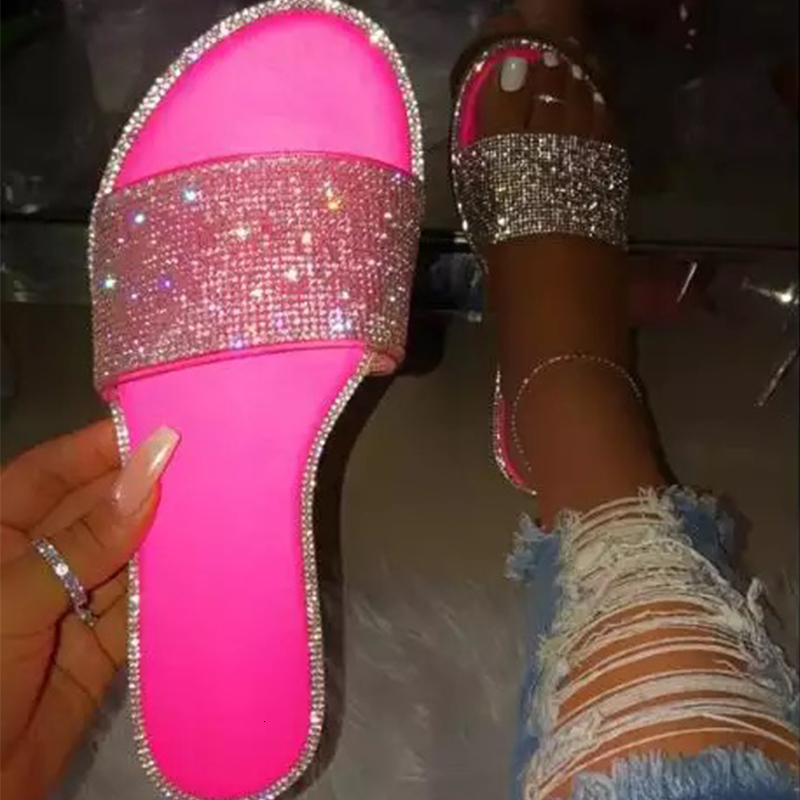

2021 New Summer Slippers Candy Color Crystal Bling Slides Female Beach Casual Sandals Ladies Flat Slip on Shoes for Women Vei0, Yellow