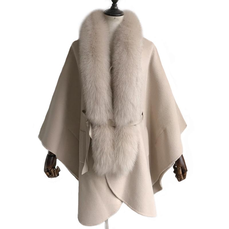 

Women Cashmere Coat with Sashes Big Fur Collar Fashion Women' Woolen Jacket Loose Solid Detachable Real Fur Collar Coat, Khaki