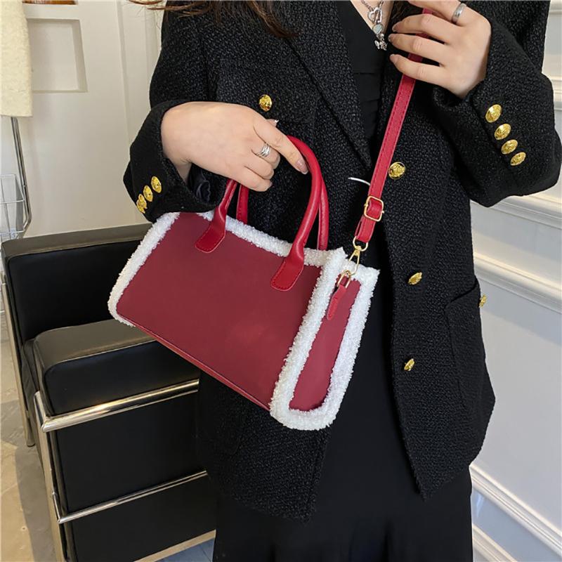 

Evening Bags Women Winter Plush Shoulder Lamb Wool + Pu Leather Bucket Female Small Square Crossbody Ladies Quilted Shopper Bag, Brown