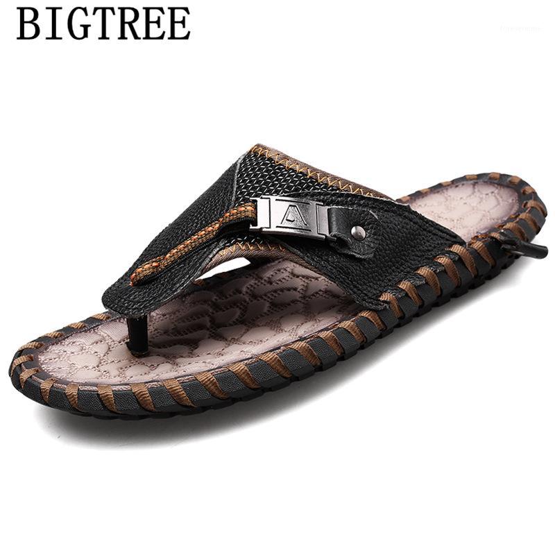 

Beach Slippers Fashion Men Slippers Leather Mens Sandals Genuine Leather Slides Summer Men1, Black