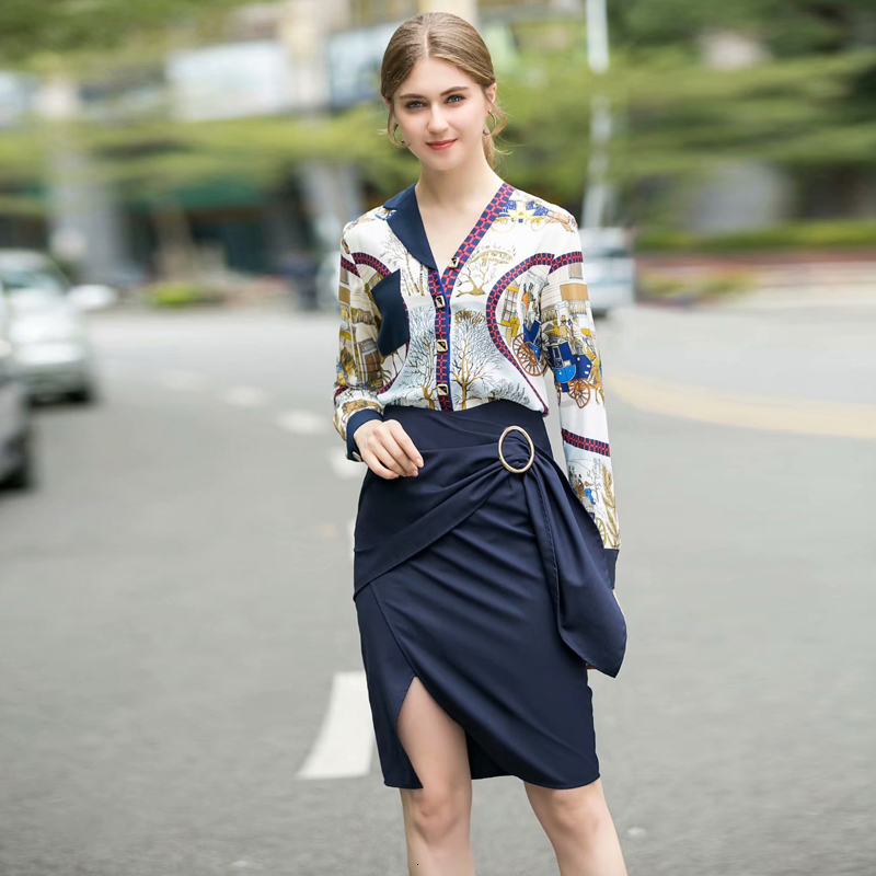 

Bohemia Sexy Abstract Impression Cleavage in v Long Single Breasted Shirt Thin Temperament Split Feminine Skirt of Two Pieces Kpmd, Multiple