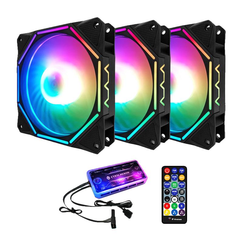 

COOLMOON RGB Chassis Fan, 12cm Silent Polygonal Light Inside and Outside+Music Controller Computer Cooling Fan CPU Fan (3 Pcs