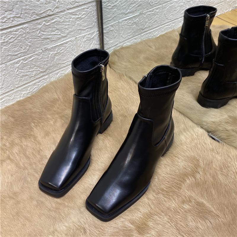 

DEAT 2020 New Autumn / Winter Fashion Casual Square Toe Thick Heels Skinny Side Zipper Women Short Boots SG1531, Black