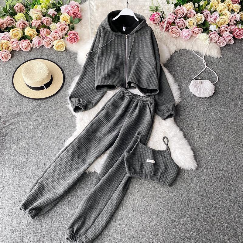 

Casual Sports Three-piece Women's Autumn and Winter New Plaid Loose Hooded Zipper Jacket + Camisole + Elastic Waist Trousers1, White