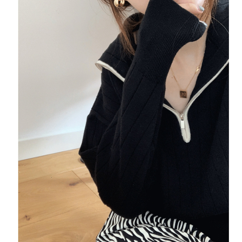 

High Collar Female Black Knit Sweater Loose Style Long Mesh Cev3, The shown in figure