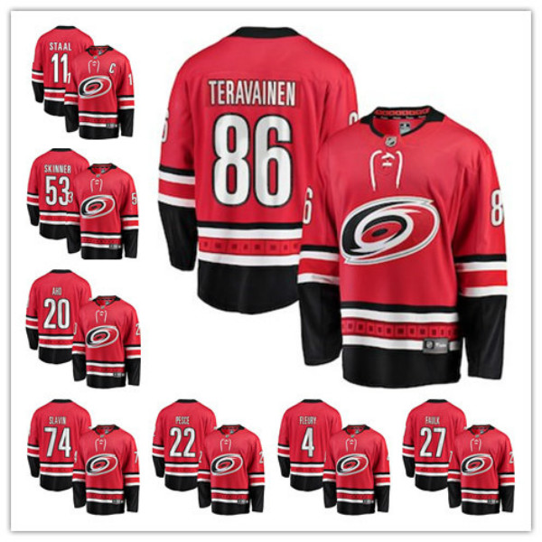 

Carolina Petr Mrazek Teuvo Teravainen Jeff Skinner Eric Staal Hurricanes Fanatics Branded Breakaway Player home hockey Jersey, Black;red