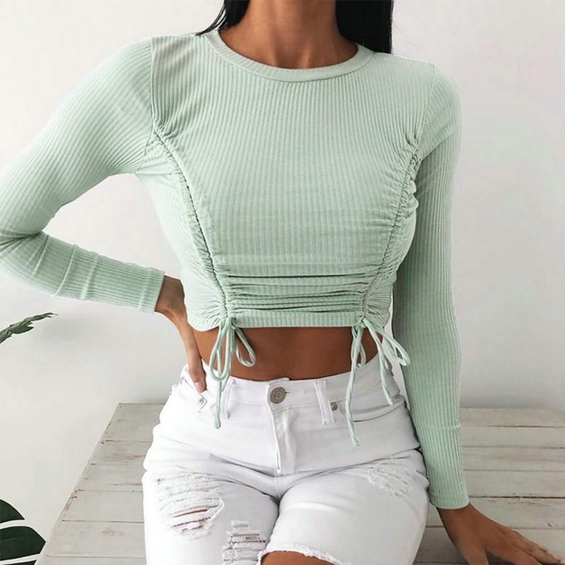

Autumn Top Women Sexy Round Neck Drawstring Slim Crop Top Solid Long Sleeve Casual Female T shirts 2020, Black
