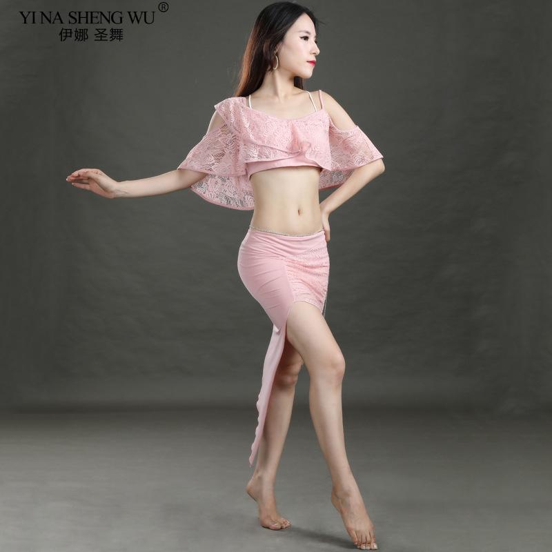 

New Women Belly Dance Costume Slim Lace Top Short Skirt 2pcs Set Oriental Dancing Group Training Clothes Performance Dancewear, Waist chain