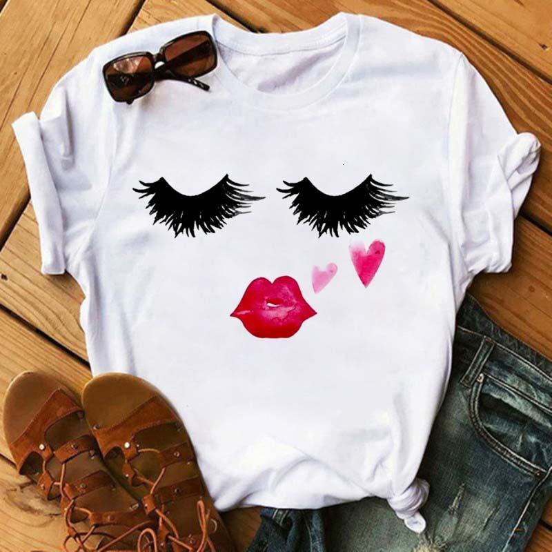 

Cute Eye Lashes Red Lips Print Women T Shirt Summer Casual Short Sleeve O Neck T-shirt Ladies White Shirt Female Tops, Bt3563