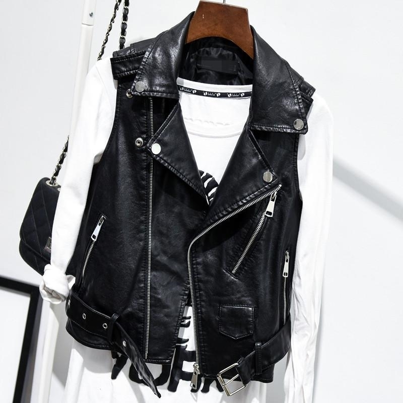 

Plus Size Black Sleeveless Pu Leather Jackets Winter Jacket Women Pu Belt Veste Motorcycle Jacket Waistcoat Vest Rivet Vests 201029, Balck vests