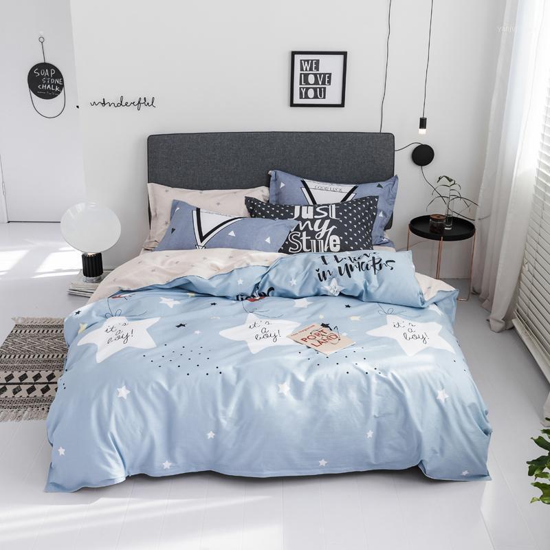 

stars print 100% cotton 78.7"x90.5" duvet cover flat sheet pillow case 4pcs kids bedding set light blue1, As pic