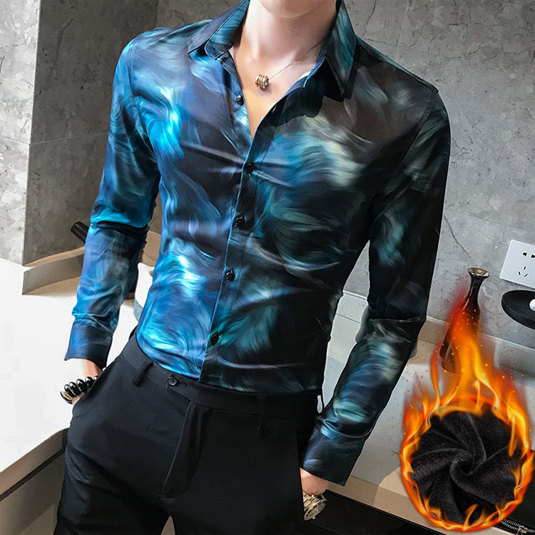 

Spring 2021 Long New Plus Male Thin Non-iron Flower Shirts M- KXMO, Blue-green.