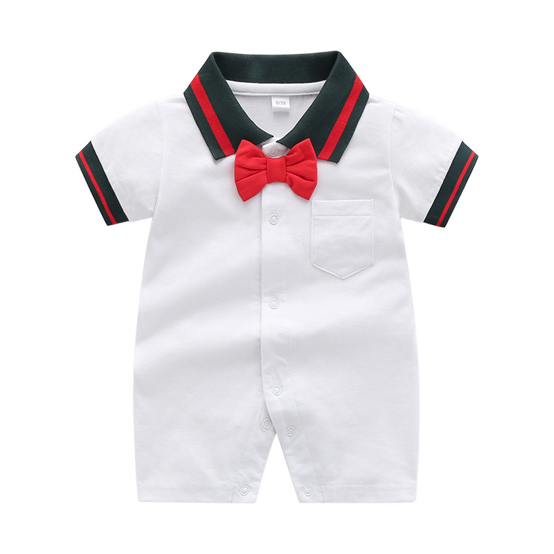 

Summer Baby Boys Designer Romper Fashion Infant Stripe Bow Tie Short Sleeve Romper Newborn Gentleman Onesie Climb Clothes C6799, White