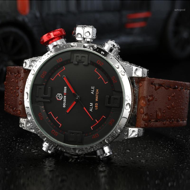 

Fashion Men's Sport Watch Luxury Dual Display Multifunction Waterproof Wristwatch Men Analog Quart Horloges Mannen 20201, Brown silver red