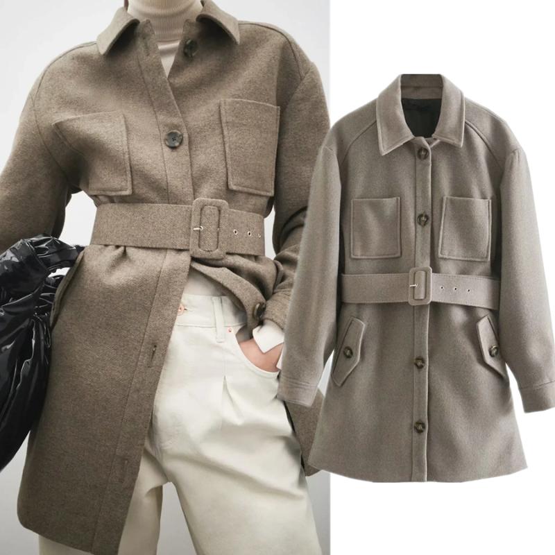 

Withered 2020 Winter Jacket Women England Office Lady Elegant Casual Solid Pockets Vintage Fashion Sashes Tweed Long Coat Women, Khaki