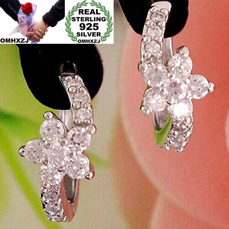 

OMHXZJ Wholesale Personality Fashion Woman Girl Party Wedding White Flower Zircon 925 Sterling Silver Hoop Earrings YE453