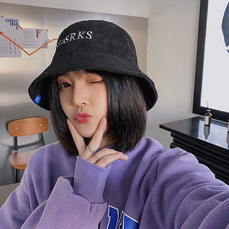 

Autumn and winter hat creative new Korean embroidery smiling face corduroy basin cap leisure personality foldable fisherman's, A-375sos wine red