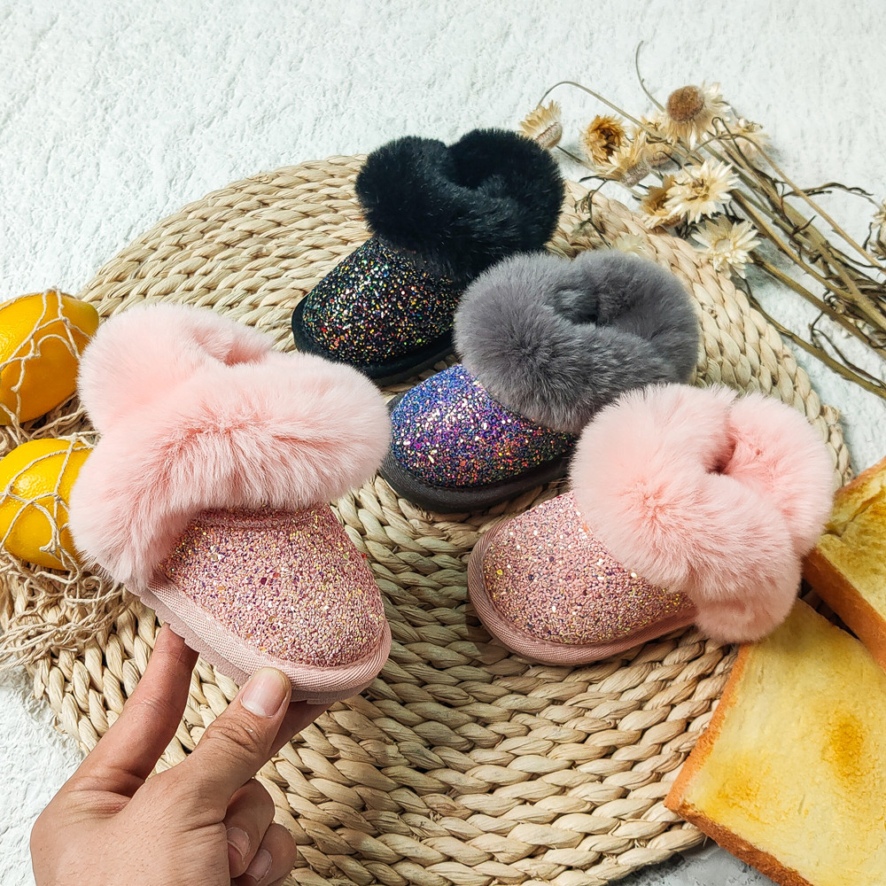 

Top quality AOGT Winter Baby Girl Shoes Rabbit Fur Shiny Sequins Toddler Fashion Non-Slip Waterproof Warm Plush Infant Snow Boots, Purple