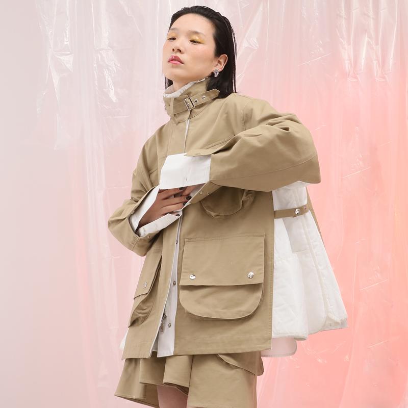 

2020 FW Collection oversized patchwork safari style women trench coat, Khaki