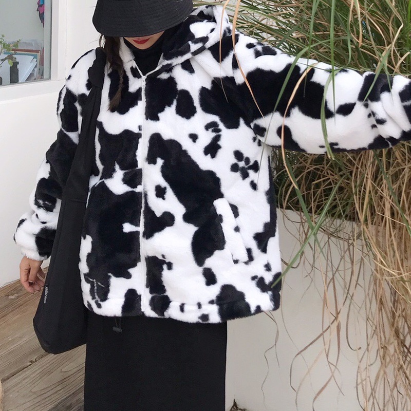

Men Streetwear Cow Print Zipper Cardigan Hooded Coats Autumn Winter Loose Couple Coat Outwear Hoodie Lambswool Jacketm kg-96, Kg-1