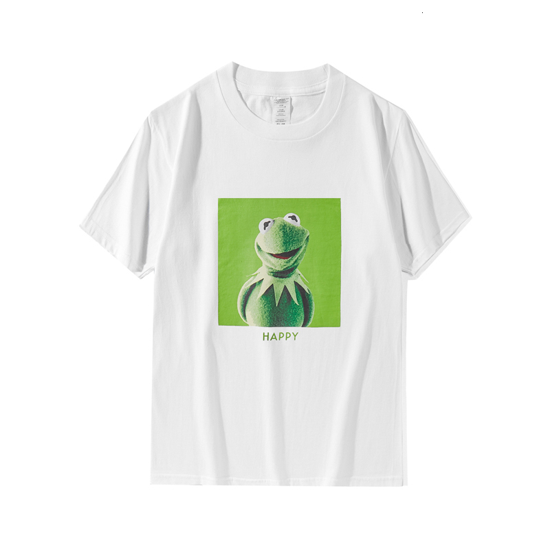 

2021 New 100% Cotton Frog Animation Printing O-neck Street Style Top Short Sleeve Men's T-shirt 9auk, White