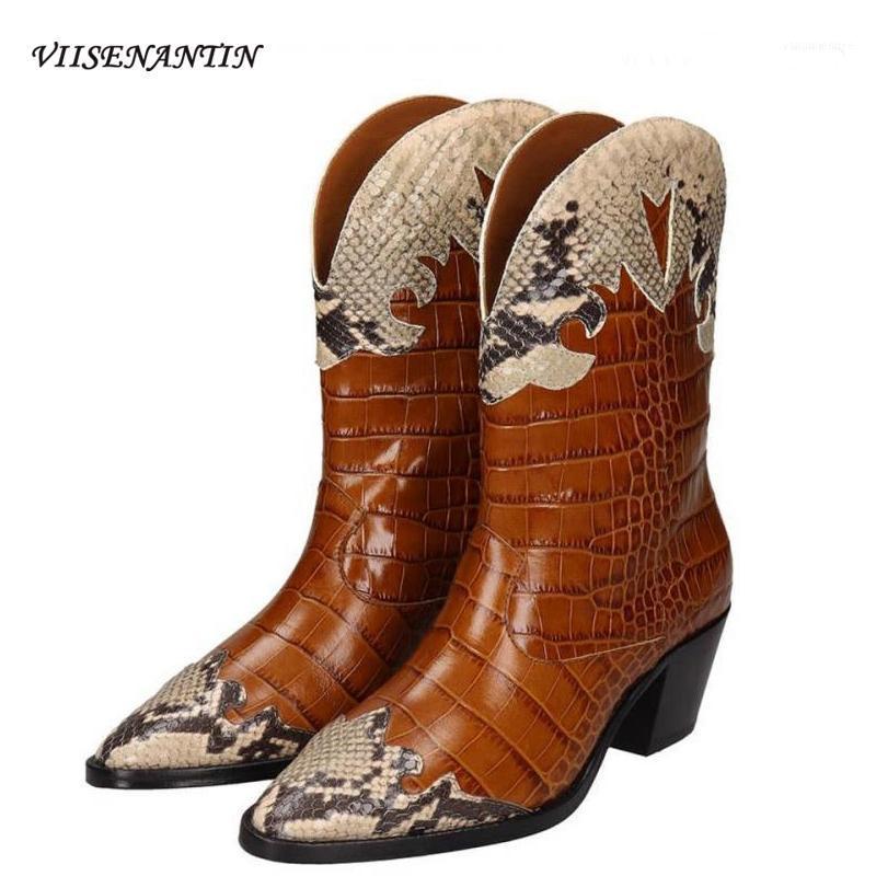 

Retro Cowboy Boots New Style Short Boots Female Snake Print Stitching Mid-heel Thick Heel Low Pointed Toe Women's1, Purple