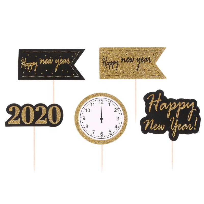 

5Pcs Happy New Year Cake Toppers Creative Cake Picks Cupcake Dessert 2021 Toppers Baking Decorative Paper Festival Favors