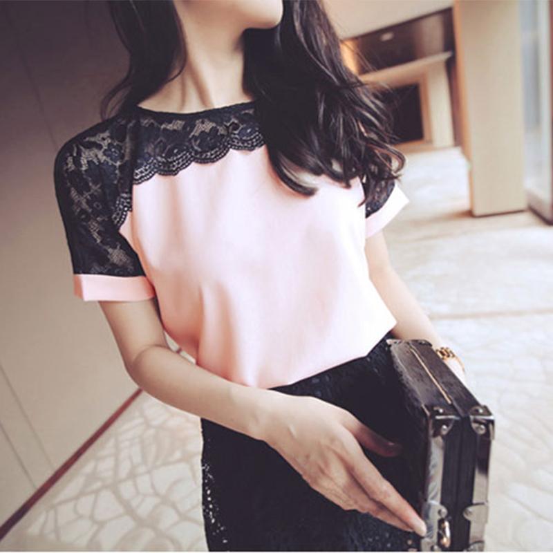 

Elegant Pink Korean Fashion Chiffon Women Blouses Lace Short Sleeve Women Shirts Womens Tops Blusas Femininas, White