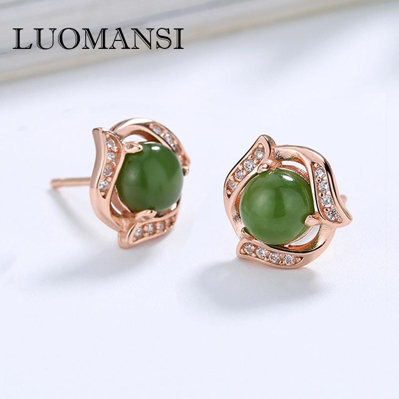 

Stud Luomansi Natural Jasper Earrings Really Silver 925 Plated Rose Gold Jade Female High-end Jewelry Wholesale
