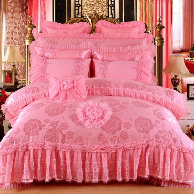 

2021 Silk Cotton Satin Jacquard Devoted Love Luxury Wedding Bedding Set Lace Duvet Cover Set Bedspread Queen 4/6/8/10pcs King, Hqgj2