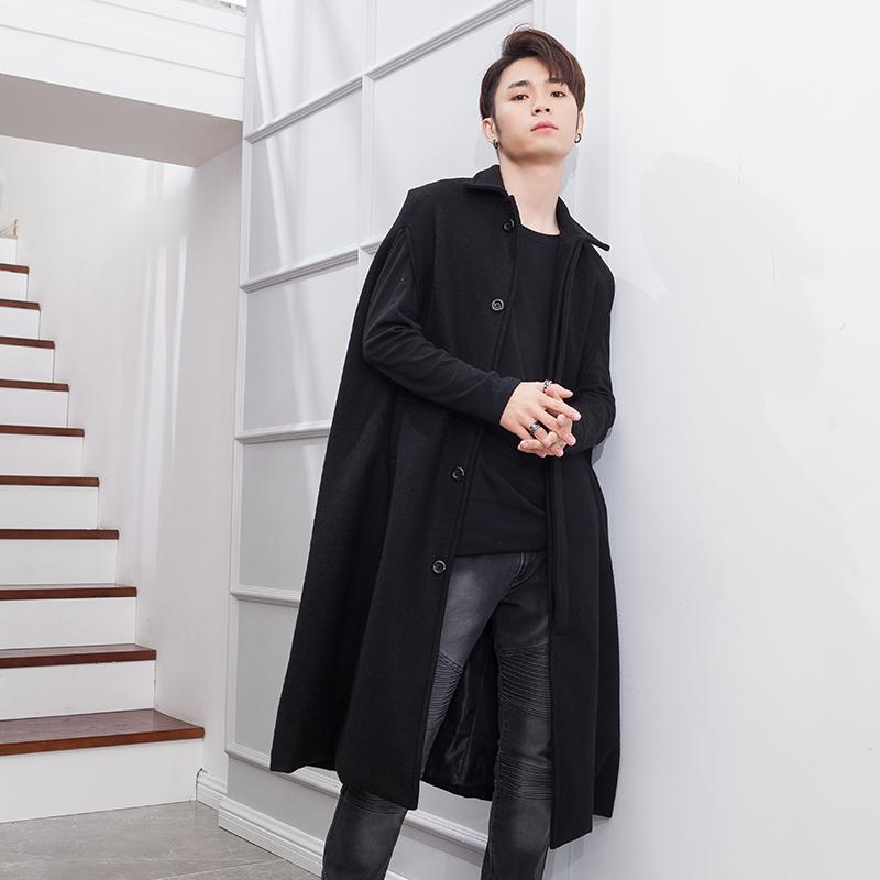 

European and American men' winter woollen coat over the knee long loose men' cape cape trend, Black