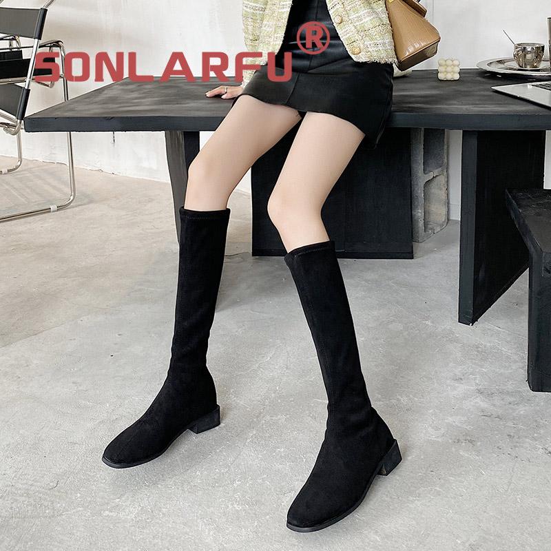 

SONL ARFU Autumn and winter boots skinny stretch boots flat high velvet padded slimming socks short, Black