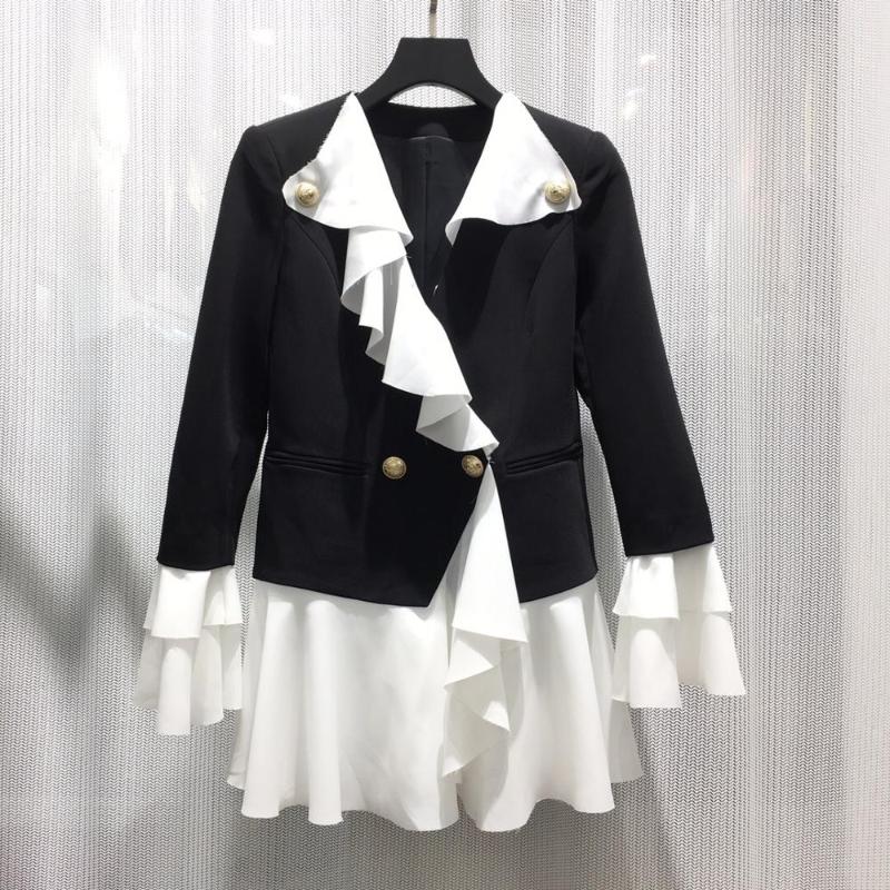 

2020 high quality women luxury ruffles patchwork blazer jacket ladies long coat outerwear ddxgz3, Black