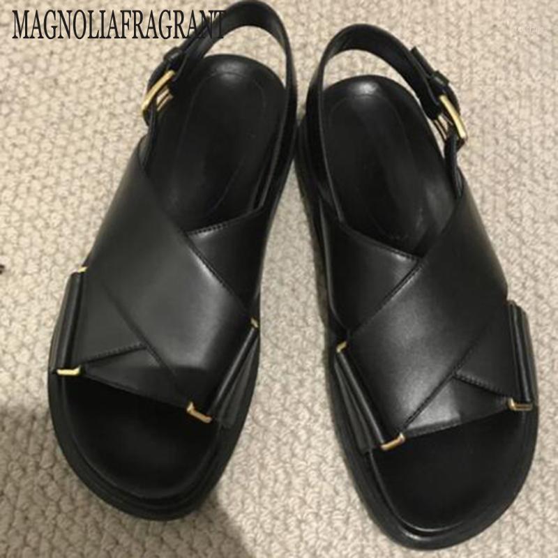 

Summer shoes new 2020 Peep-Toe Genuine Leather Sandals Women's Thick Crust Muffin Buckle flat Roman Shoes Women's Sandals hy6481, Black