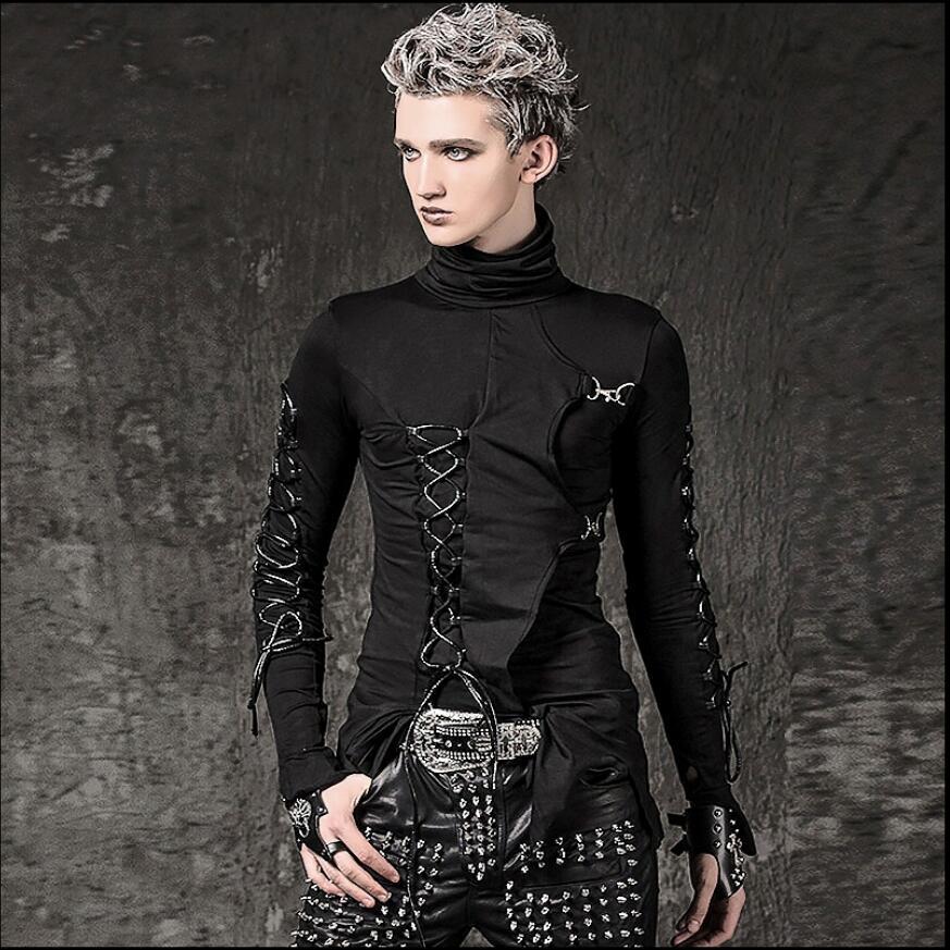 

2020 Punk Personality Desig Rock Costumes Thin Male Singer in Long Sleeves T-shirt Hip Hop Strain Club Youth Fashion Stage Clothes W3pl, Black