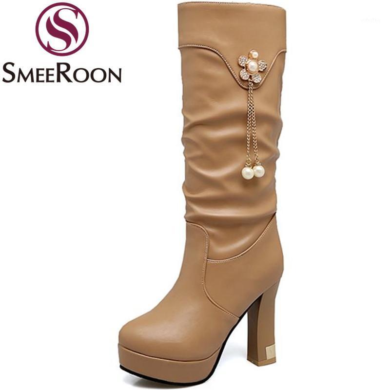 

Smeeroon fashion high heels mid calf boots for women crystal keep warm winter boots round toe sweet leisure shoes1, Black