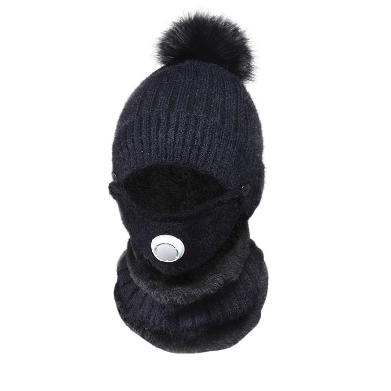 

New Fashion Winter Warm Adult Woman Solid Pompon Hat Knit Crochet Cap Scarf Neckerchief Mask Outdoor Windproof Warm Hat Set