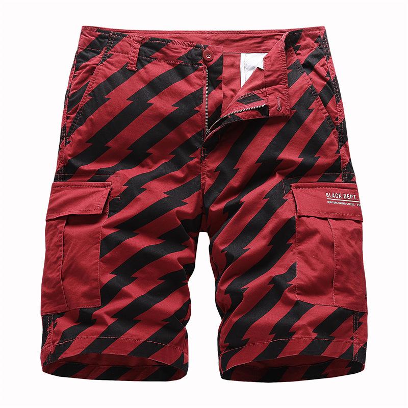 

2020 Summer Men's Baggy Multi Pocket Cargo Shorts Male Cotton Khaki Mens Striped Tactical Shorts Short Pants No Belt, Red