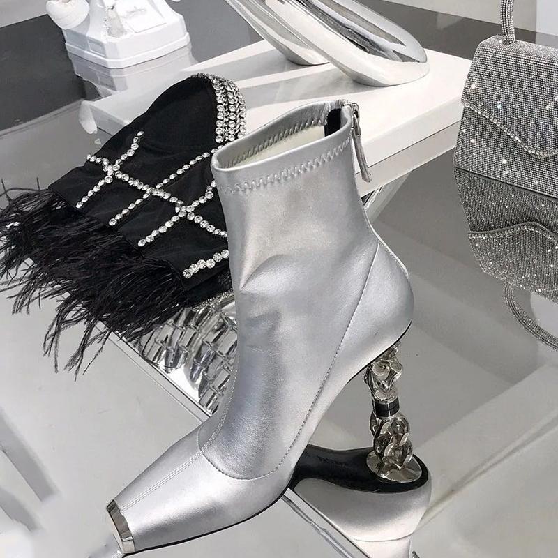 

Fashion Women's Ankle Boots Square Toe Stylish Metal Heels Silver Black Shoes C1