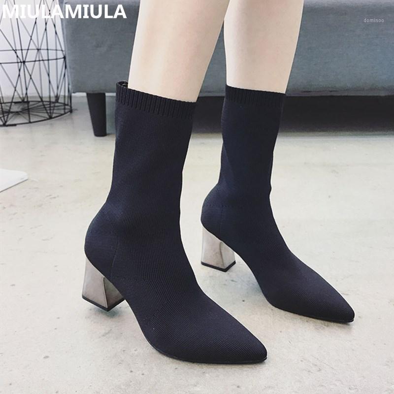 

2020 Winter Korean Fashion Stretch Fabric Women's Short Ankle Boots Sexy Pointed High Heels Socofy Woolen Sock Boots Lady Shoes1, Black