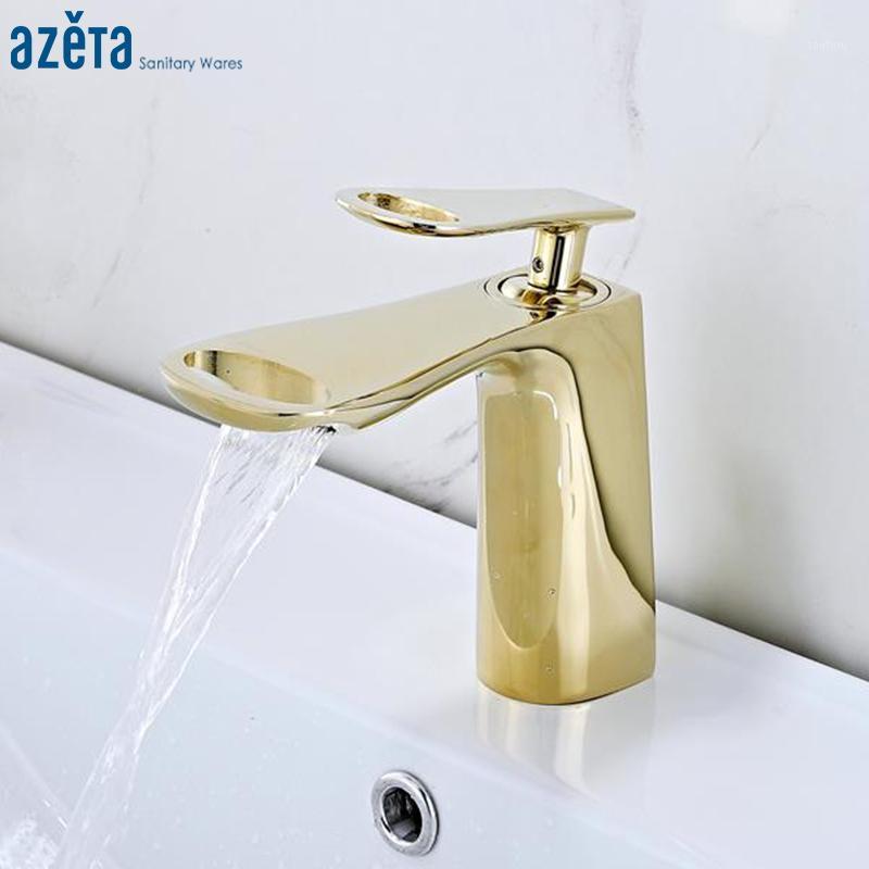 

Azeta Modern Golden Faucet Waterfall Bathroom Brass Basin Faucet Hot And Cold Single Handle Wash Basin Mixer Water Tap AT6706G1