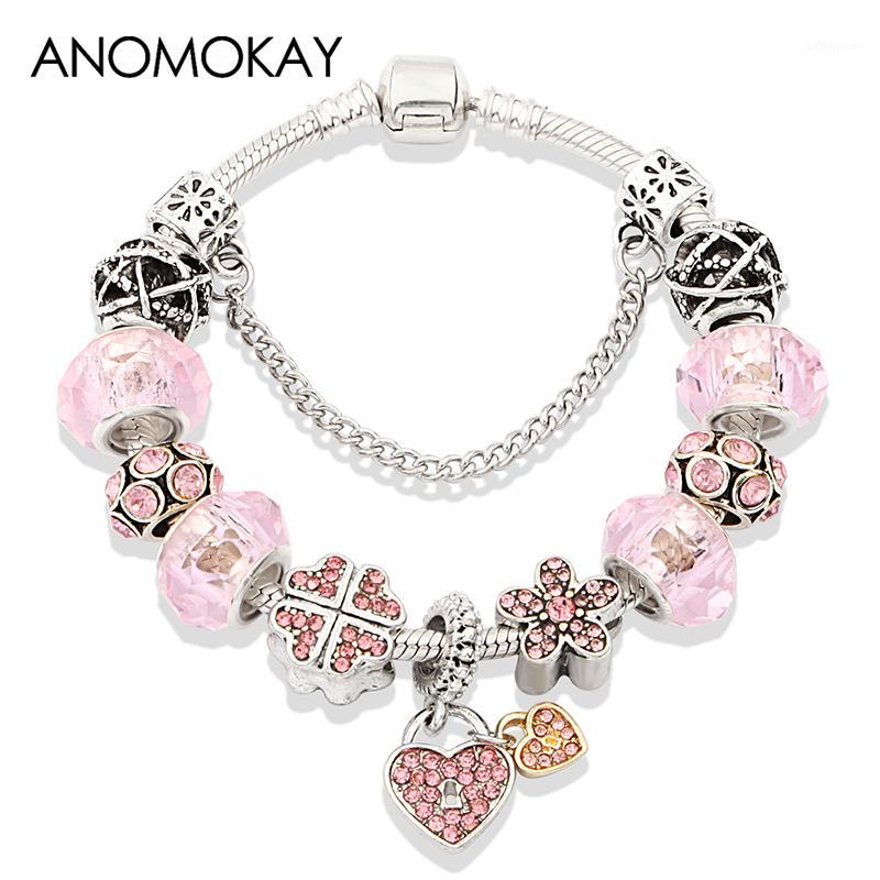 

Romantic Pink Crystal Flower Charm Bracelet & Bangle Silver Plated Diy Heart Bead Bracelets for Women Girl Fashion Jewelry Gift1