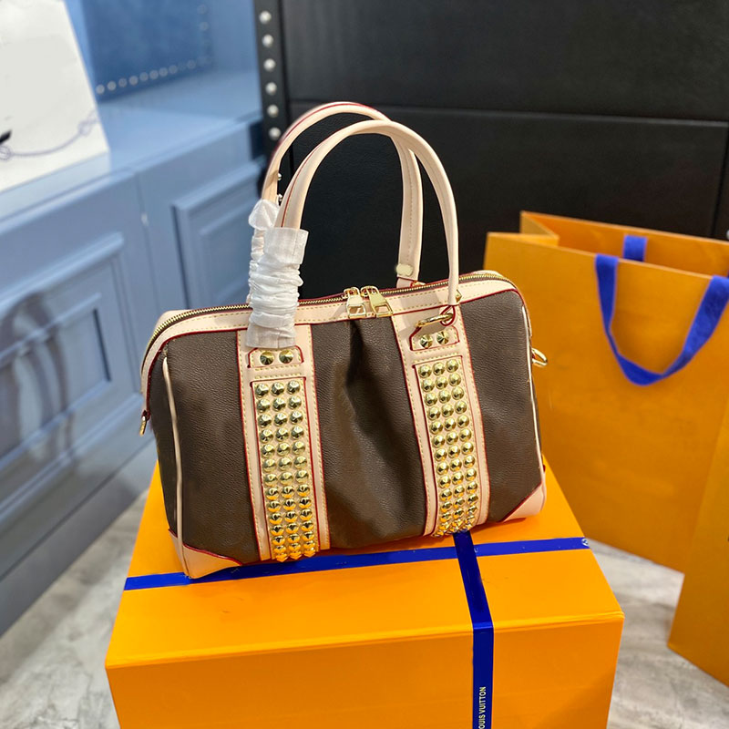 

Rivet crossbody bag classic pillow bag women travel tote handbag high Cowhide shoulder bag old flower handbag 30 21cm, Brown