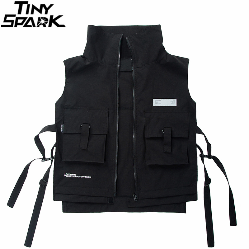 

2020 Men Hip Hop Combat Vest Cargo Jacket Streetwear Buckle Ribbon Tactical Vest Bomber Waistcoat Utility Adjustable, A49hj2