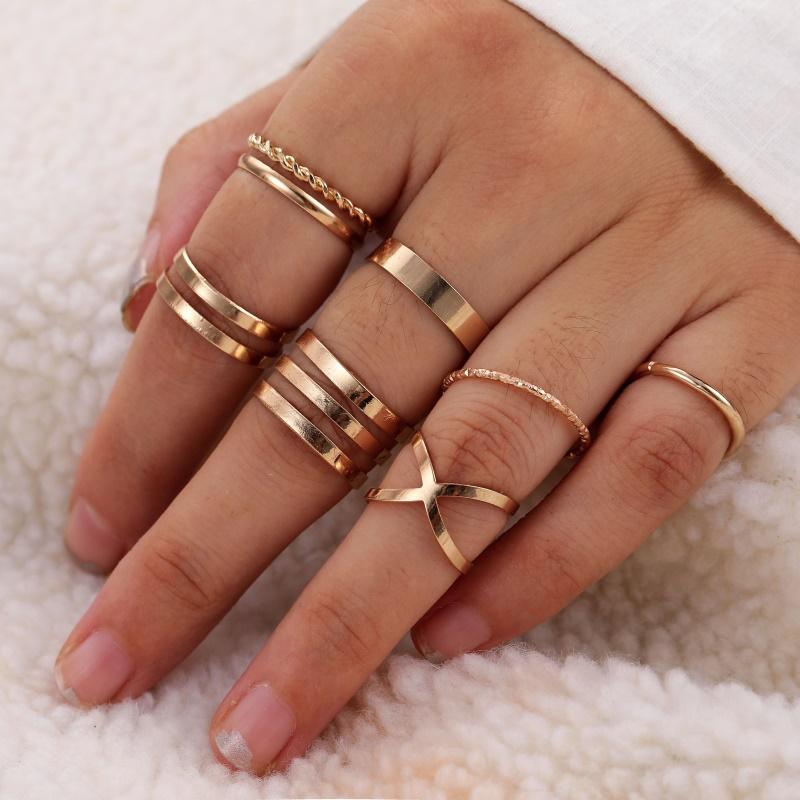 

IFMIA 8 Pcs/Set Simple Design Round Gold Color Rings Set For Women Handmade Geometry Finger Ring Set Female Jewelry Gifts