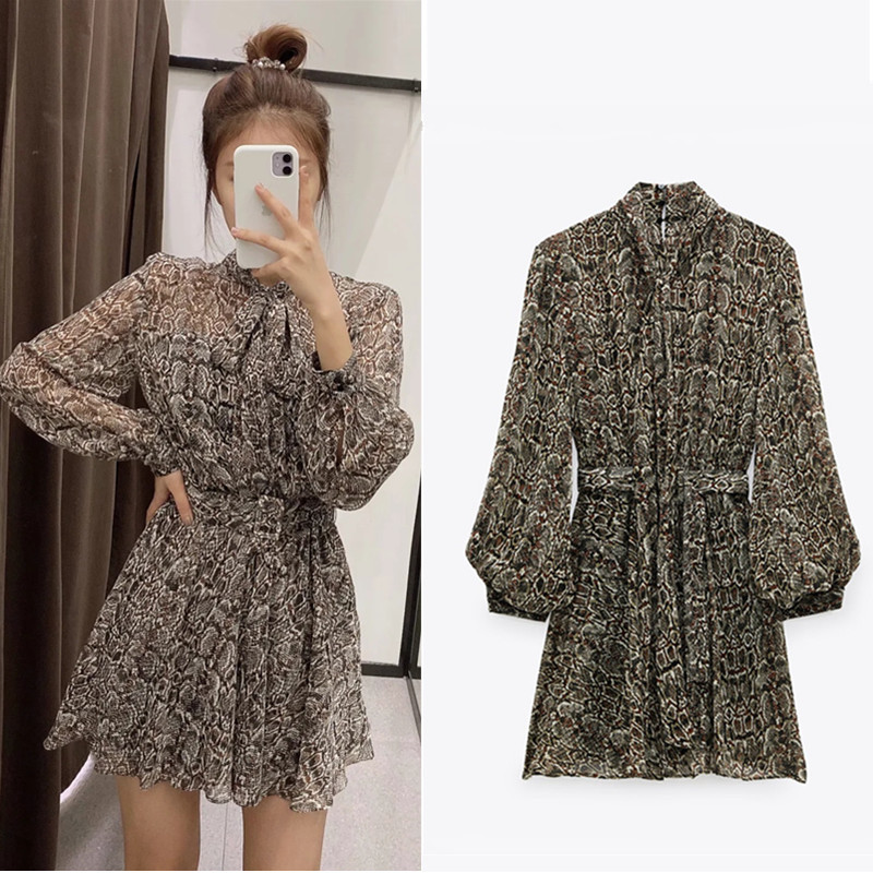

2021 New Woman Animal Print Dress Women High Neck Tied Long Puff Sleeve Mini Dresses Fashion with Belt Elastic Waistband 3nx8